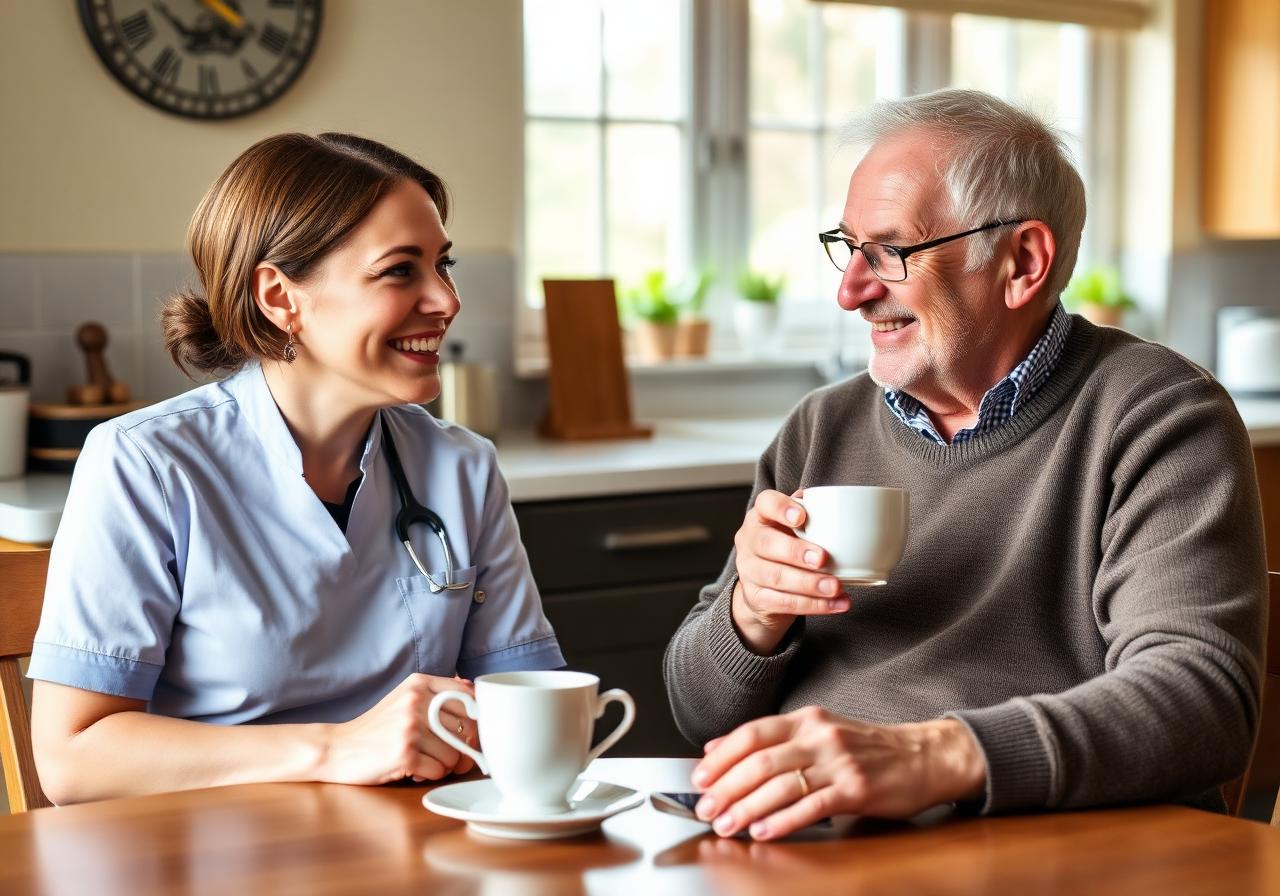A care professional and an older gentleman sharing tea and conversation at a kitchen table